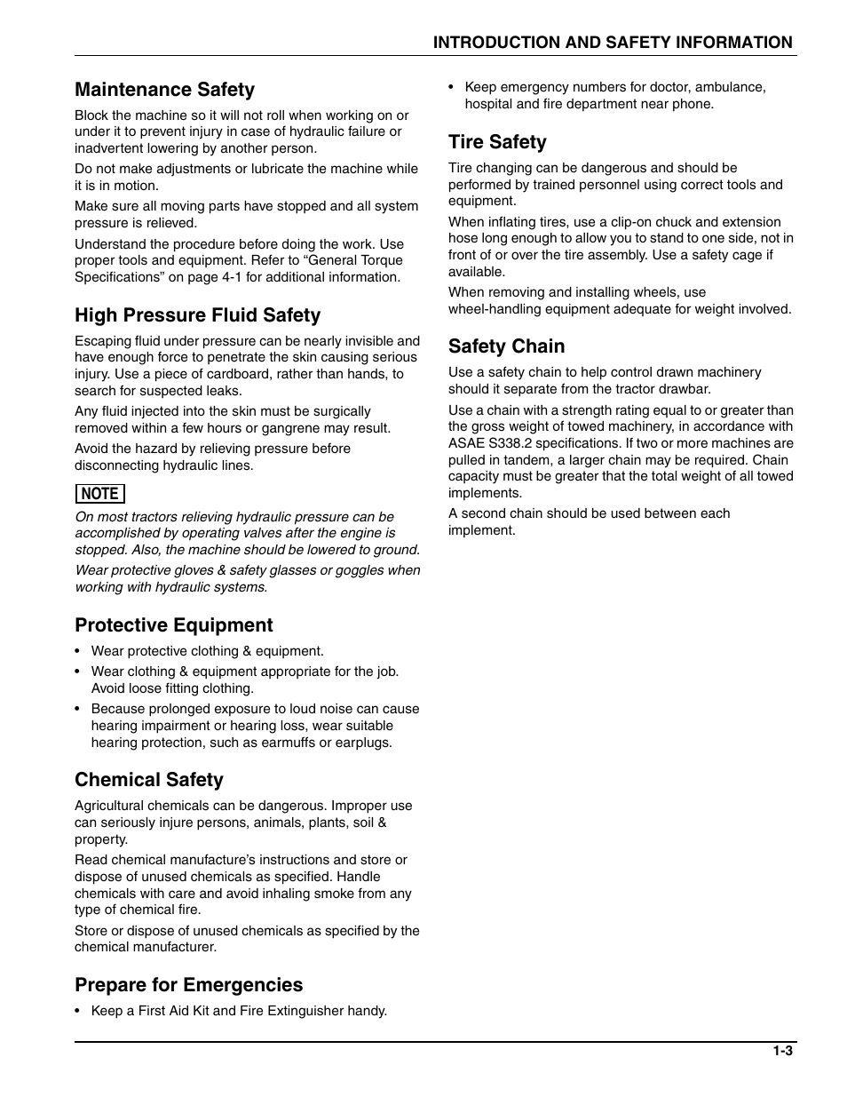 Maintenance safety, High pressure fluid safety, Protective equipment | Chemical safety, Prepare for emergencies, Tire safety, Safety chain | Landoll 2510 Zone Commander User Manual | Page 7 / 40