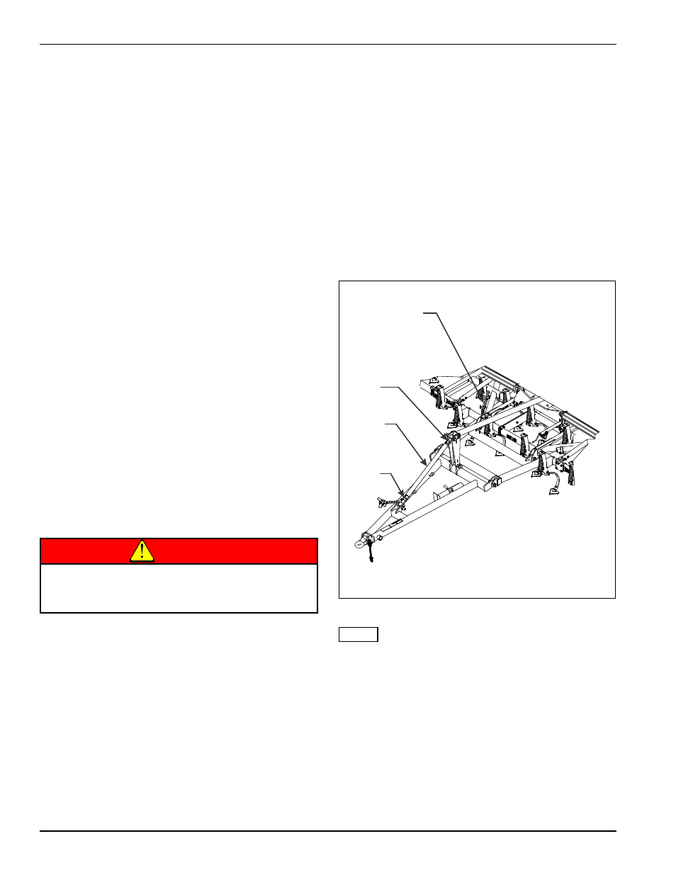 Tractor preparation, Prior to transport, Leveling (front-to-rear) | Figure 4-6: radius rod adjustment, Danger | Landoll 9650 Field Cultivator User Manual | Page 72 / 88