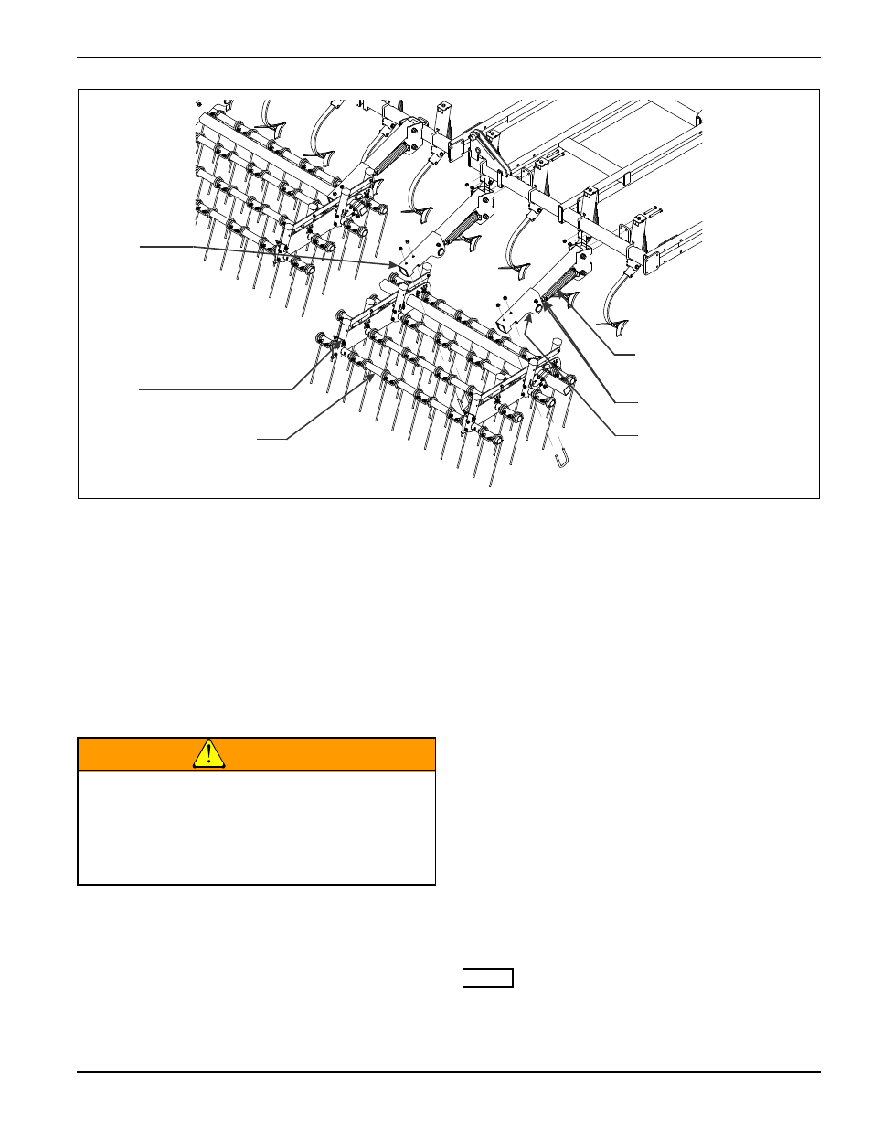 Figure 4-12: 4 row coil tine harrow, 4 row coil tine harrow, Warning | Landoll 9650 Field Cultivator User Manual | Page 77 / 88