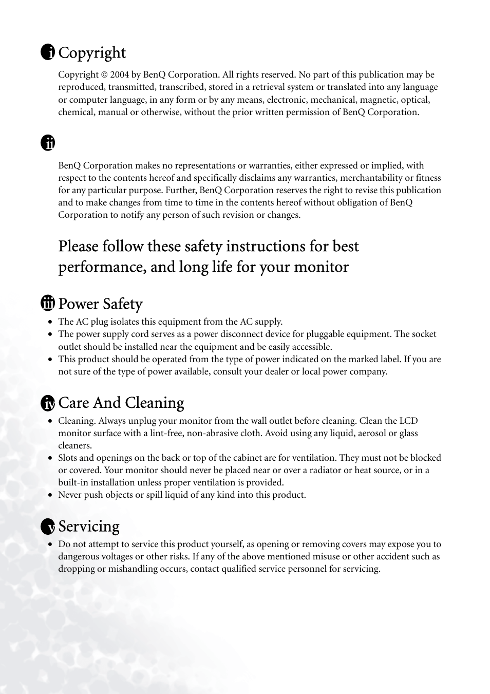 Copyright, Disclaimer, Please follow these safety instructions for best | Care and cleaning, Servicing, Iii iv v | BenQ FP71G+ User Manual | Page 2 / 32