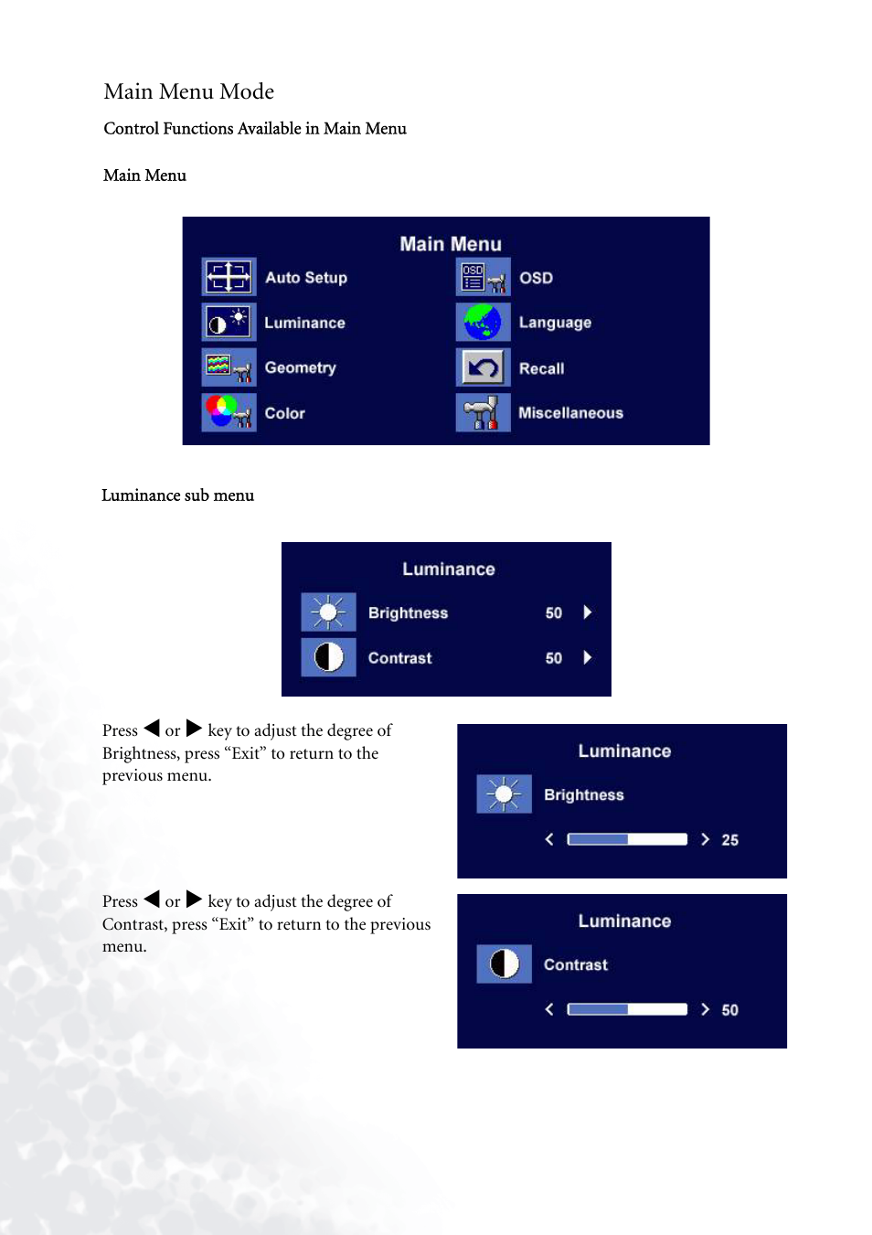 Main menu mode | BenQ FP71G+ User Manual | Page 21 / 32