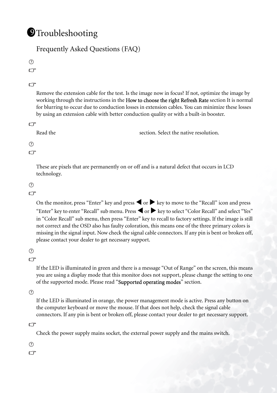 Troubleshooting, Frequently asked questions (faq) | BenQ FP71G+ User Manual | Page 28 / 32