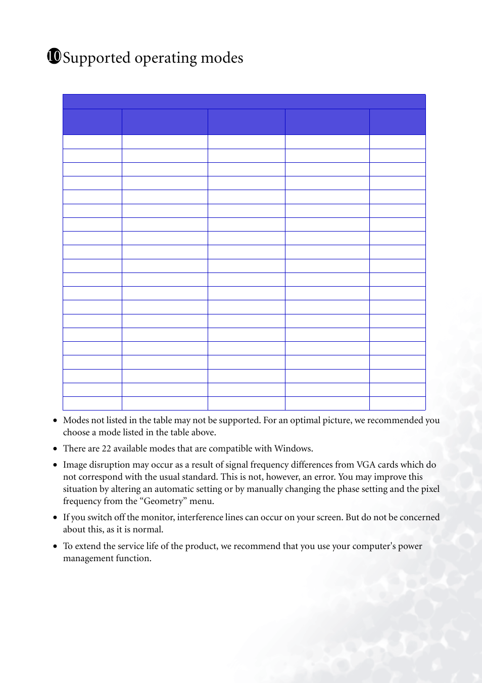 Supported operating modes, Ead “supported operating modes | BenQ FP71G+ User Manual | Page 30 / 32