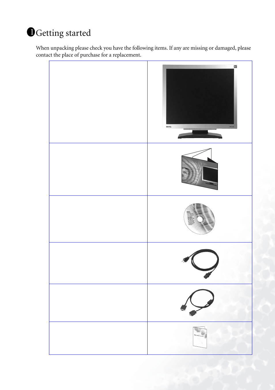 Getting started | BenQ FP71G+ User Manual | Page 4 / 32