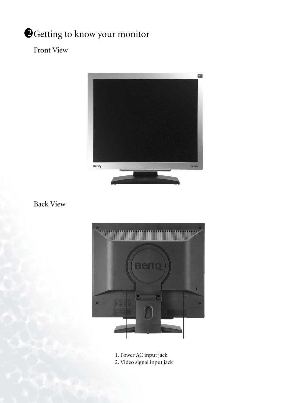 Getting to know your monitor, Back view, Front view | Front view back view | BenQ FP71G+ User Manual | Page 5 / 32