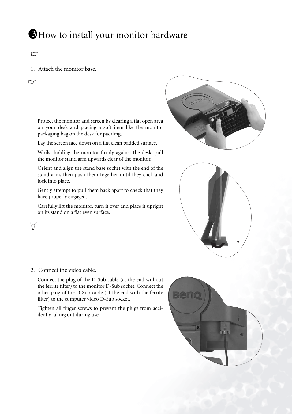How to install your monitor hardware | BenQ FP71G+ User Manual | Page 6 / 32