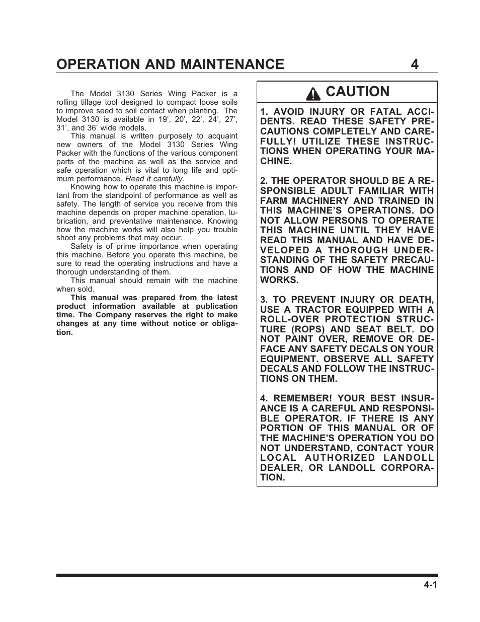 4operation and maintenance, Caution | Landoll 3130 SERIES WING PACKER User Manual | Page 41 / 54