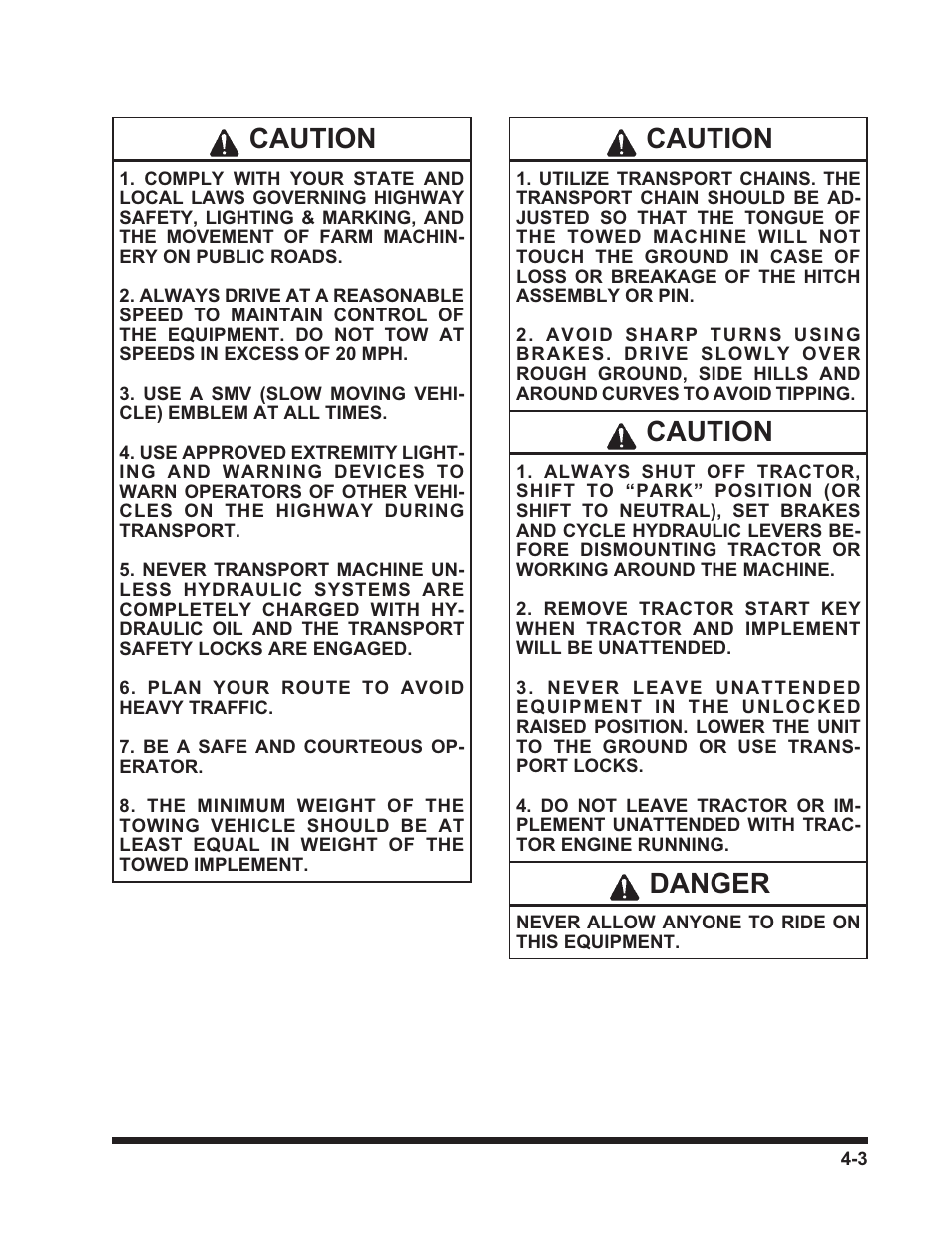 Caution, Danger | Landoll 3130 SERIES WING PACKER User Manual | Page 43 / 54