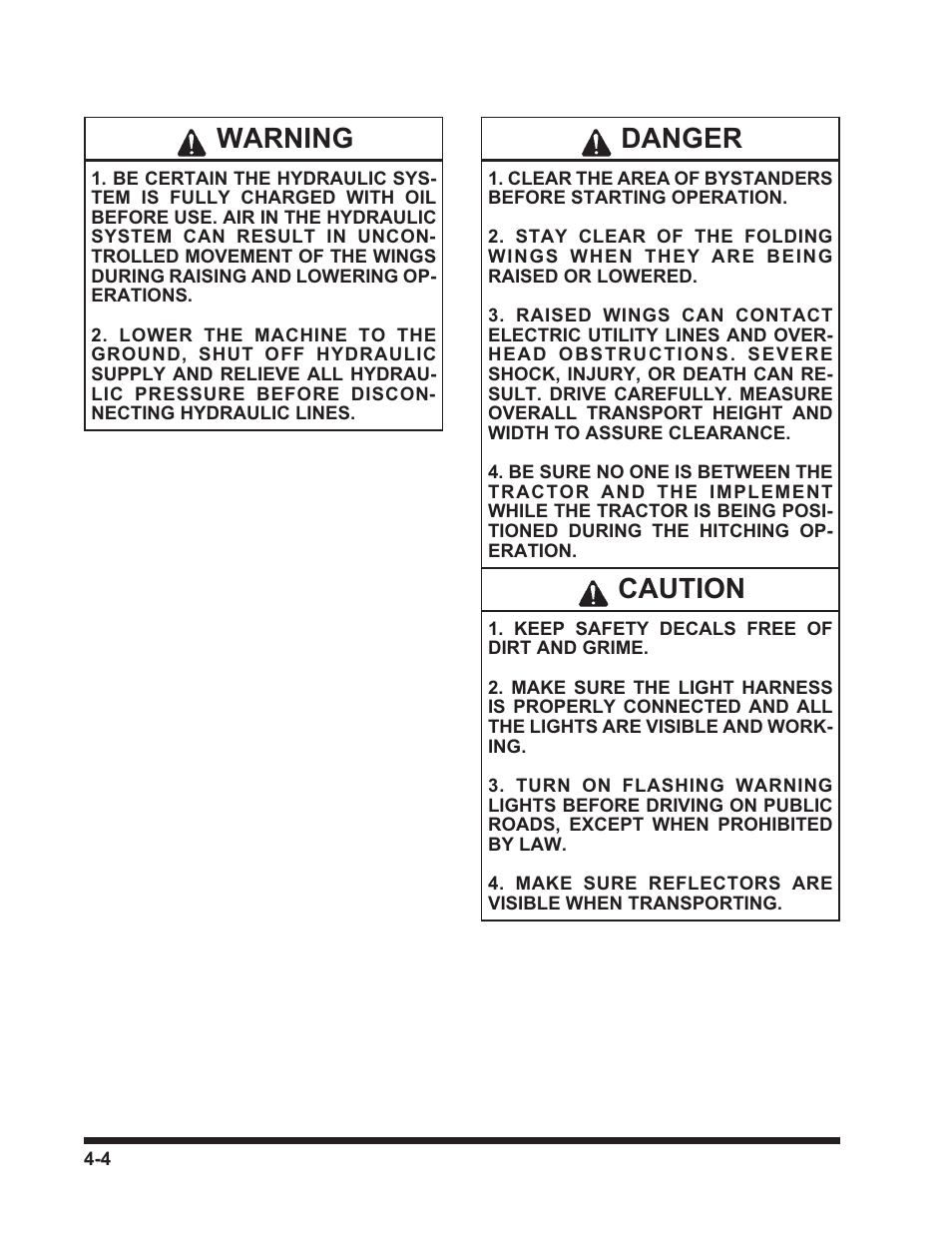 Warning, Danger, Caution | Landoll 3130 SERIES WING PACKER User Manual | Page 44 / 54