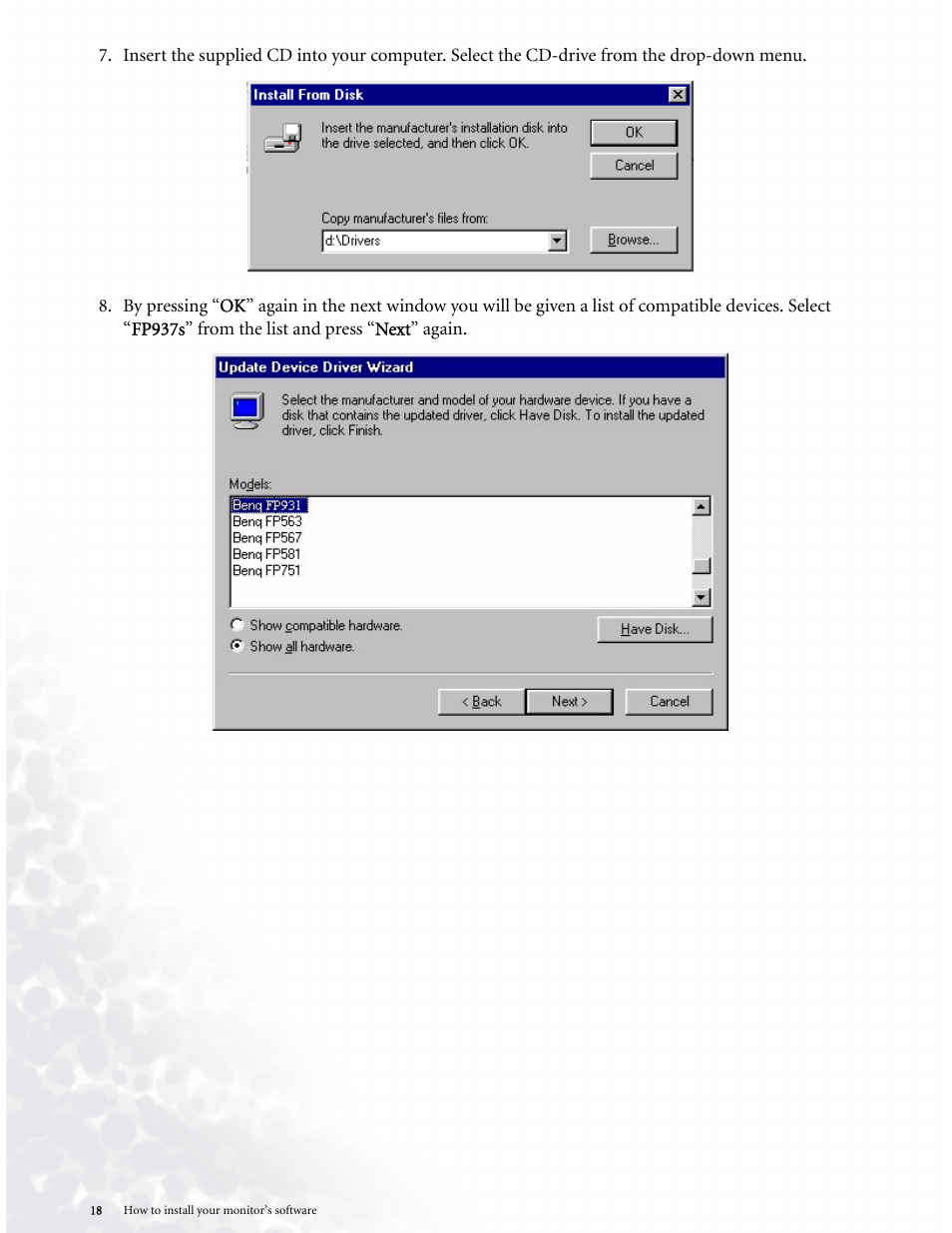 BenQ LCD COLOR MONITOR FP937S User Manual | Page 18 / 53