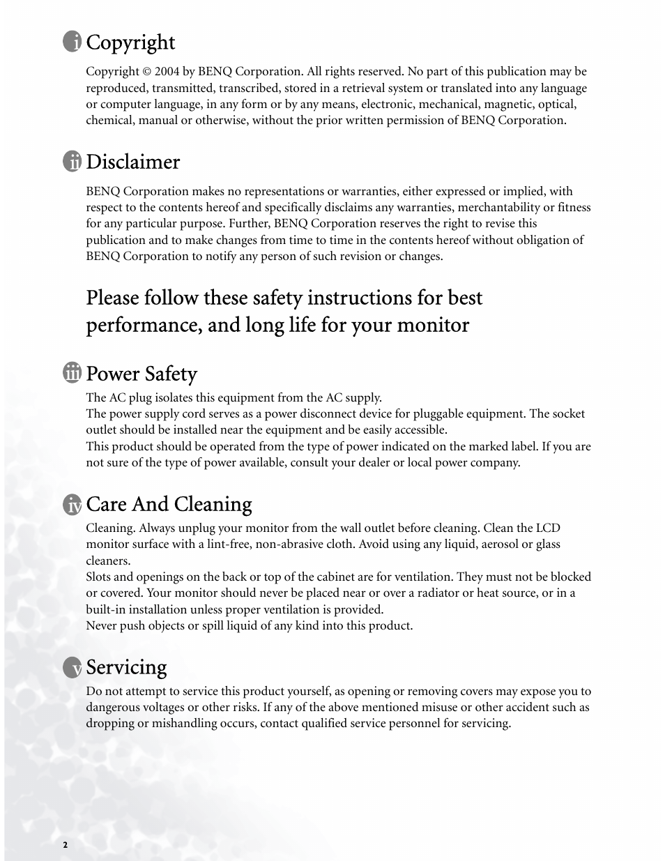 Copyright, Disclaimer, Care and cleaning | Servicing, Iii iv v | BenQ LCD COLOR MONITOR FP937S User Manual | Page 2 / 53