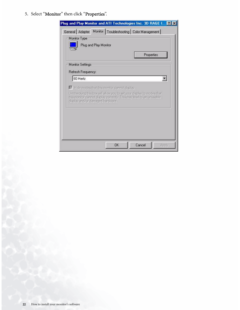 Select “monitor” then click “properties | BenQ LCD COLOR MONITOR FP937S User Manual | Page 22 / 53