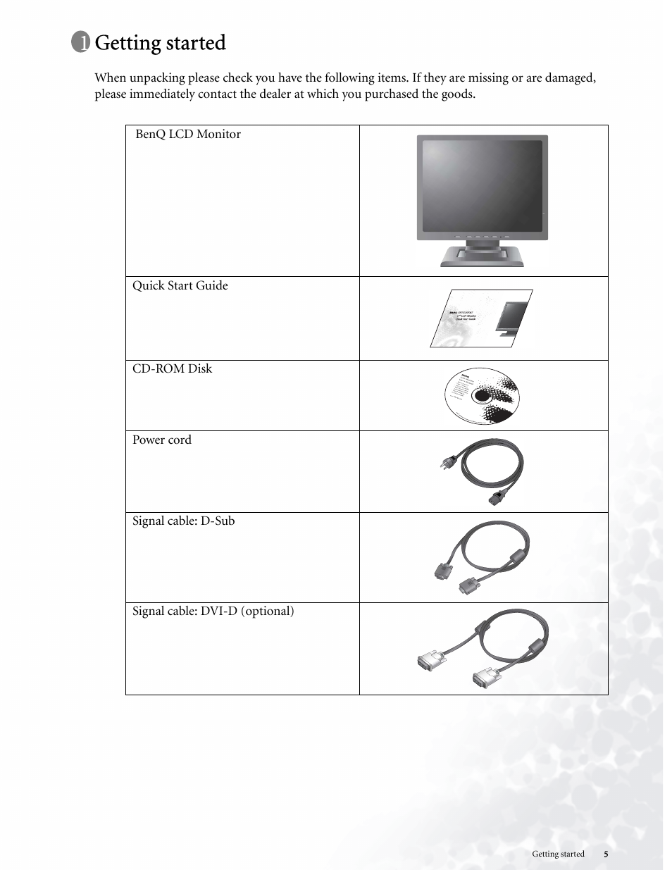 Getting started | BenQ LCD COLOR MONITOR FP937S User Manual | Page 5 / 53