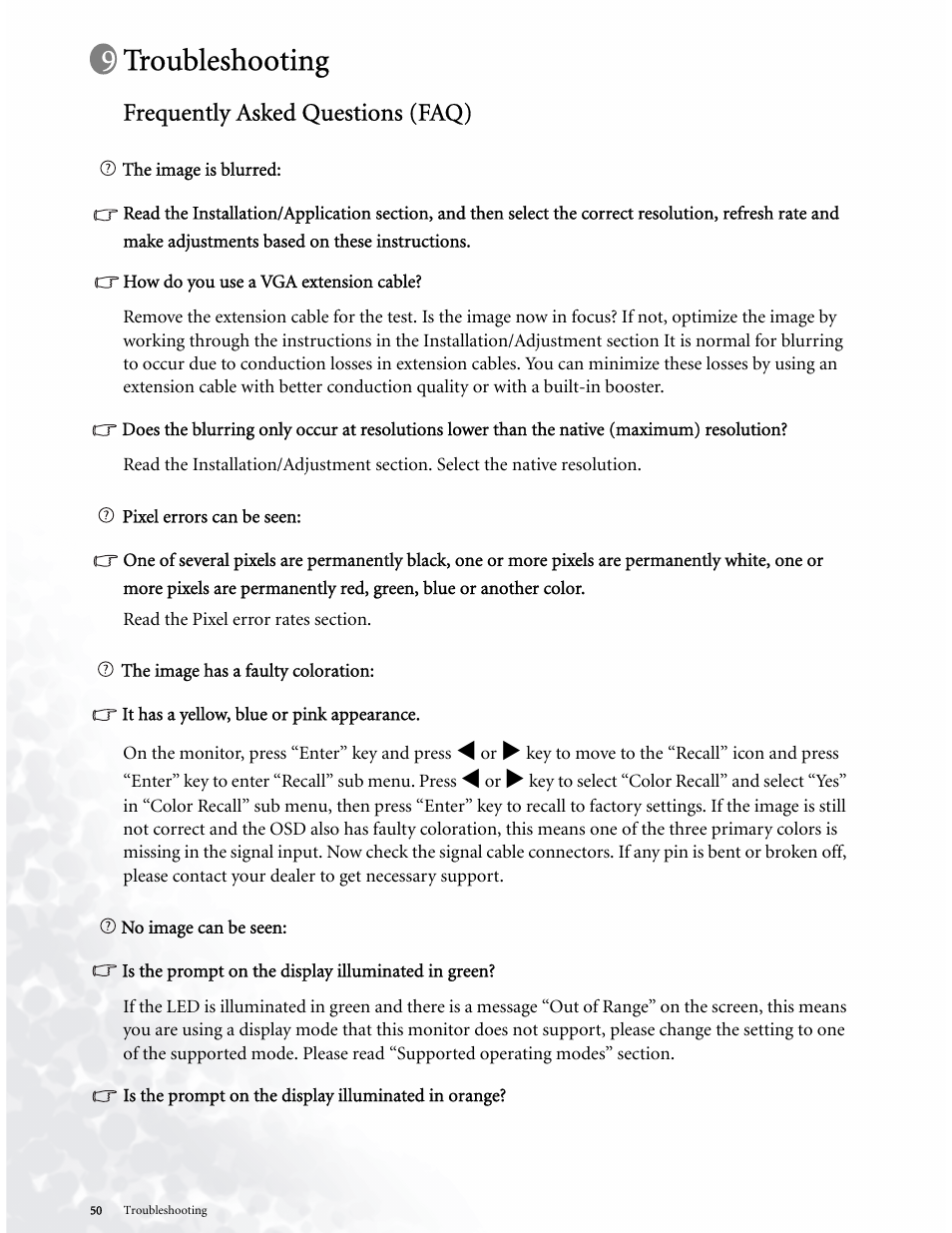 Troubleshooting, Frequently asked questions (faq) | BenQ LCD COLOR MONITOR FP937S User Manual | Page 50 / 53