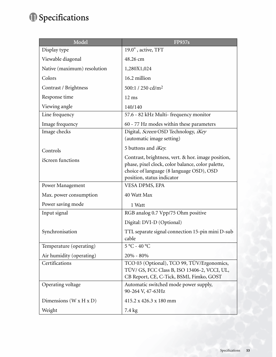 Specifications | BenQ LCD COLOR MONITOR FP937S User Manual | Page 53 / 53