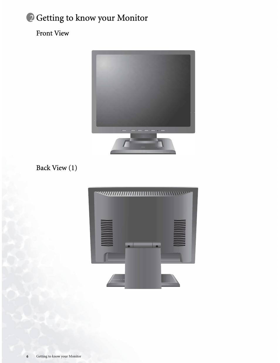 Getting to know your monitor, Front view, Back view (1) | BenQ LCD COLOR MONITOR FP937S User Manual | Page 6 / 53