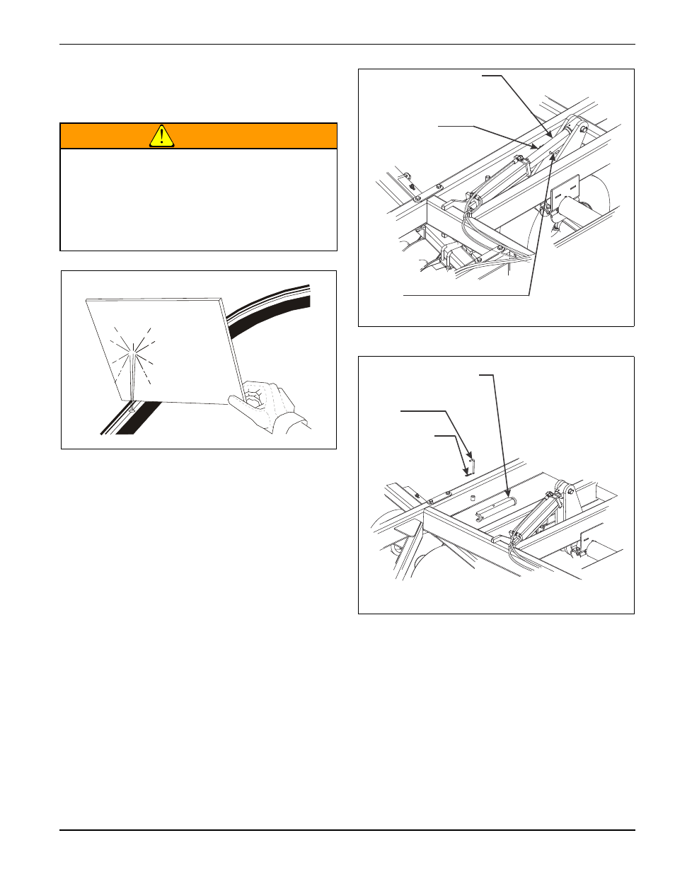 Hydraulic lift system, Figure 4-2: hydraulic leak detection, Figure 4-3: installed transport locks | Figure 4-4: stored transport locks, Warning | Landoll 2430 Weatherproofer I User Manual | Page 61 / 78