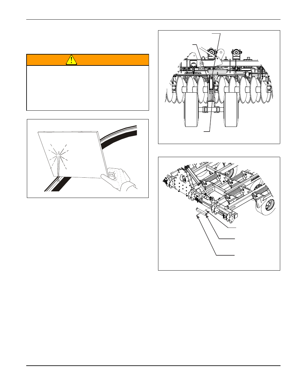Hydraulic lift system, Figure 4-2: hydraulic leak detection, Figure 4-3: installed transport locks | Figure 4-4: stored transport locks, Warning | Landoll 2410F Weatherproofer I User Manual | Page 57 / 70