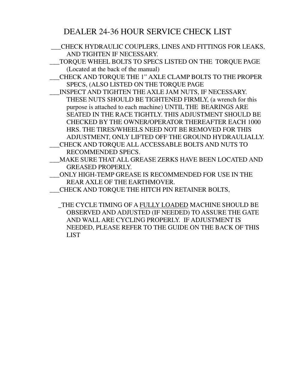 Dealer 24-36 hour service check list | Landoll ICON 819 User Manual | Page 66 / 66