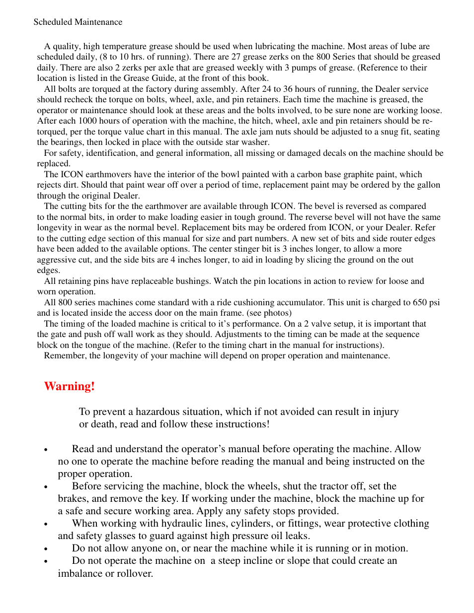 Warning | Landoll ICON 800 Series Earthmover User Manual | Page 5 / 63