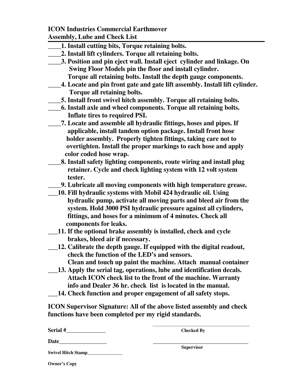 Inflate tires to required psi | Landoll ICON 800 Series Earthmover User Manual | Page 62 / 63
