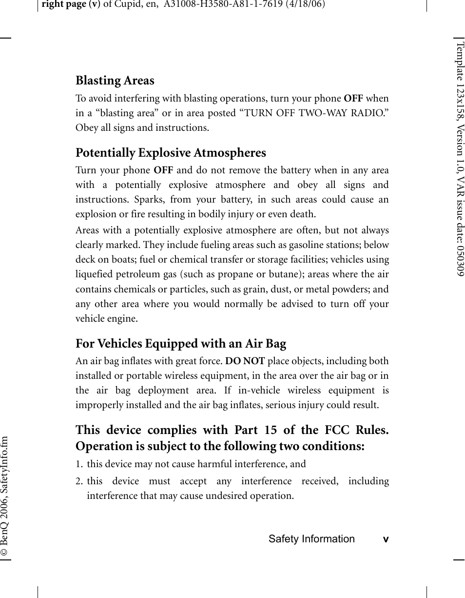 Blasting areas, Potentially explosive atmospheres, For vehicles equipped with an air bag | BenQ-Siemens CL71 User Manual | Page 10 / 114