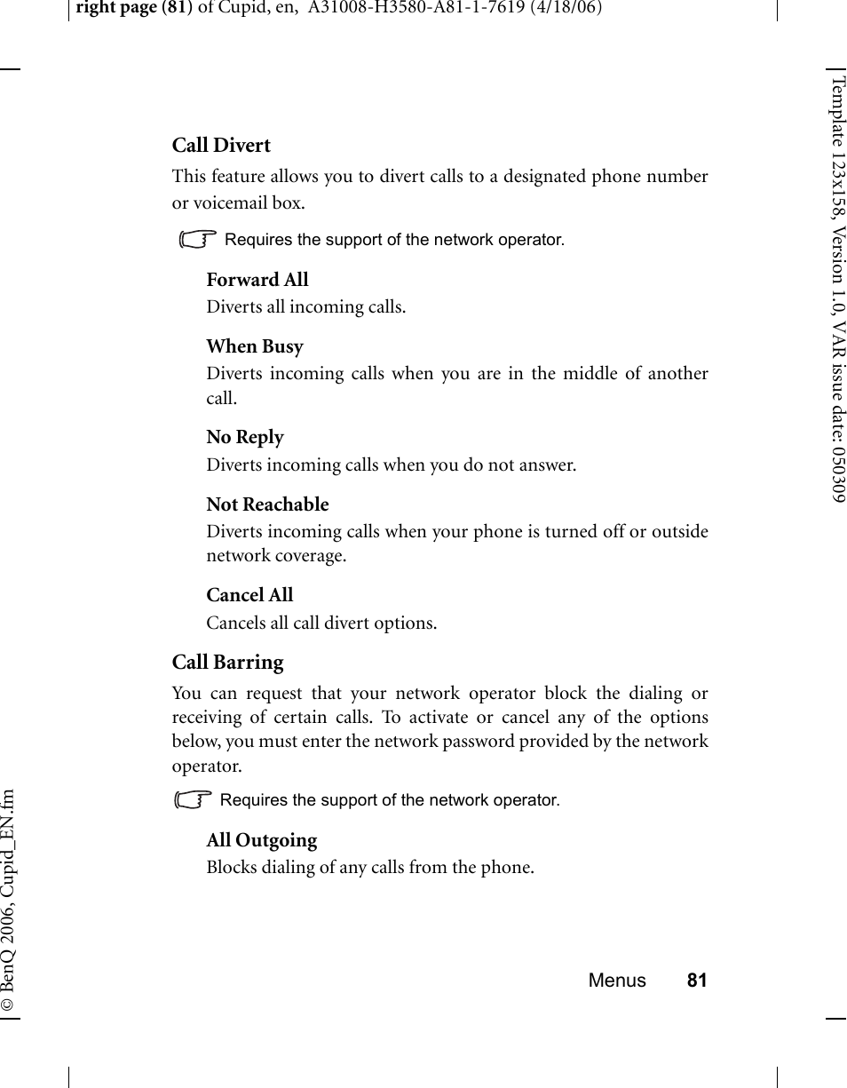 Call divert, Call barring | BenQ-Siemens CL71 User Manual | Page 100 / 114
