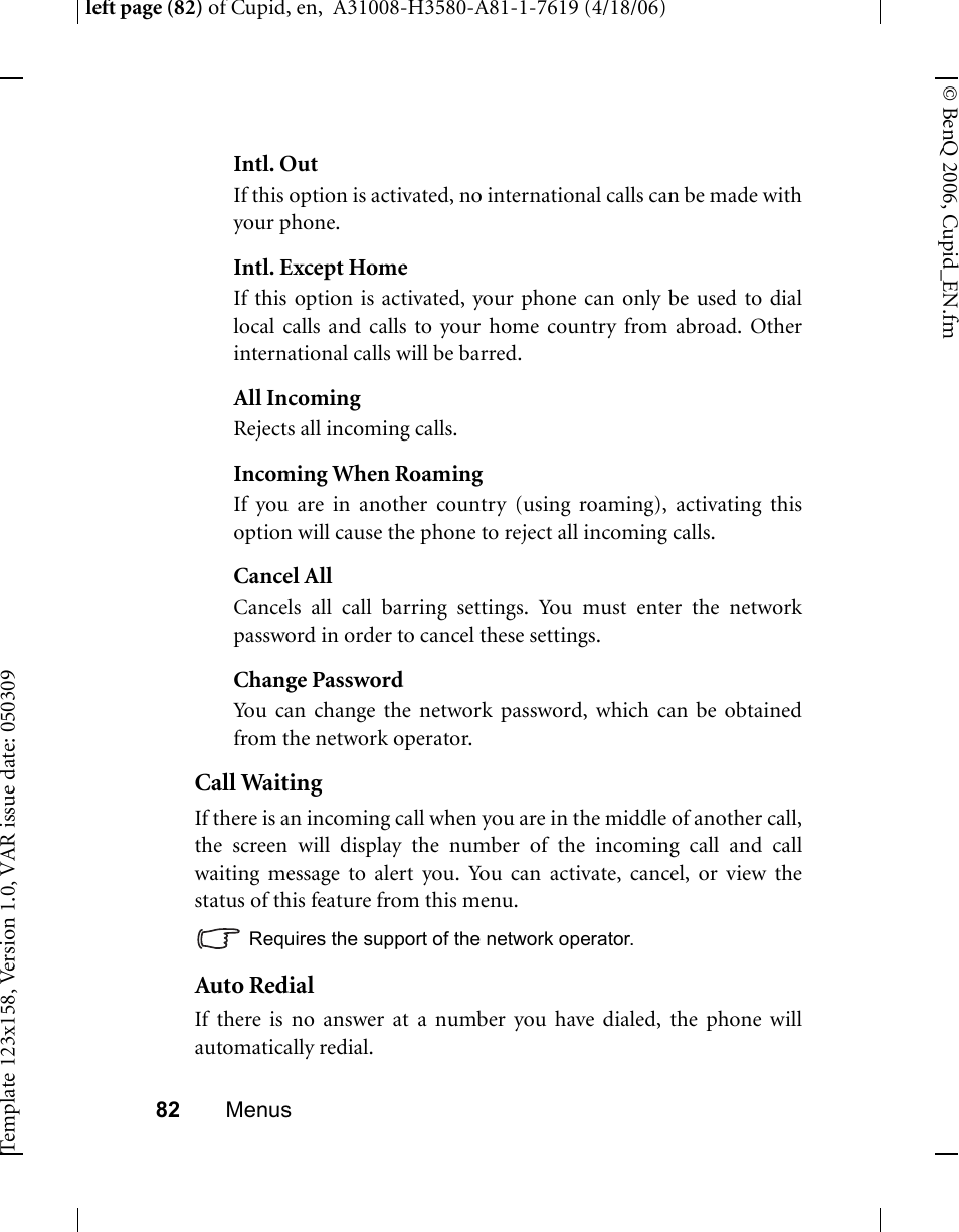 Call waiting, Auto redial | BenQ-Siemens CL71 User Manual | Page 101 / 114