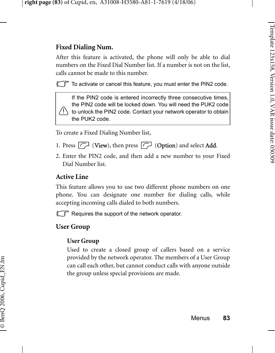 Fixed dialing num, Active line, User group | BenQ-Siemens CL71 User Manual | Page 102 / 114