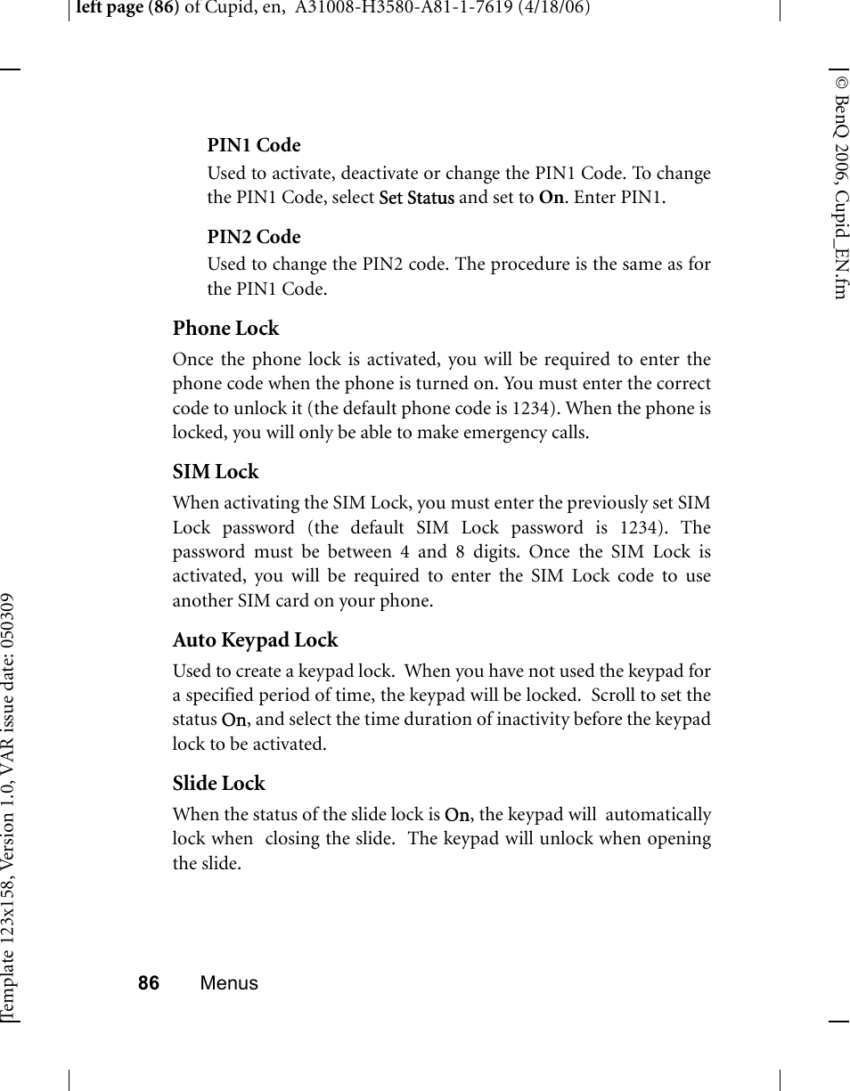 Phone lock, Sim lock, Auto keypad lock | Slide lock | BenQ-Siemens CL71 User Manual | Page 105 / 114