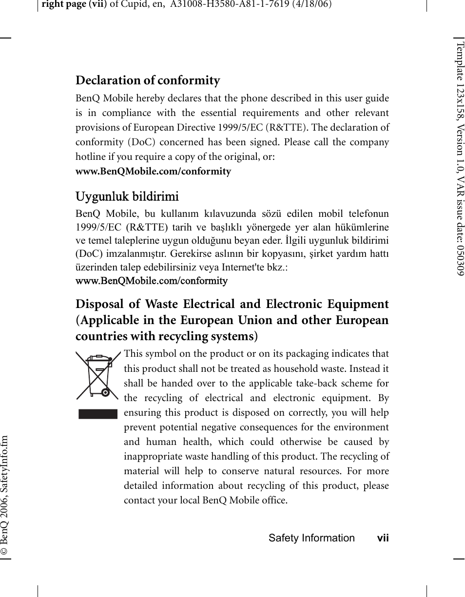 Declaration of conformity, Uygunluk bildirimi | BenQ-Siemens CL71 User Manual | Page 12 / 114