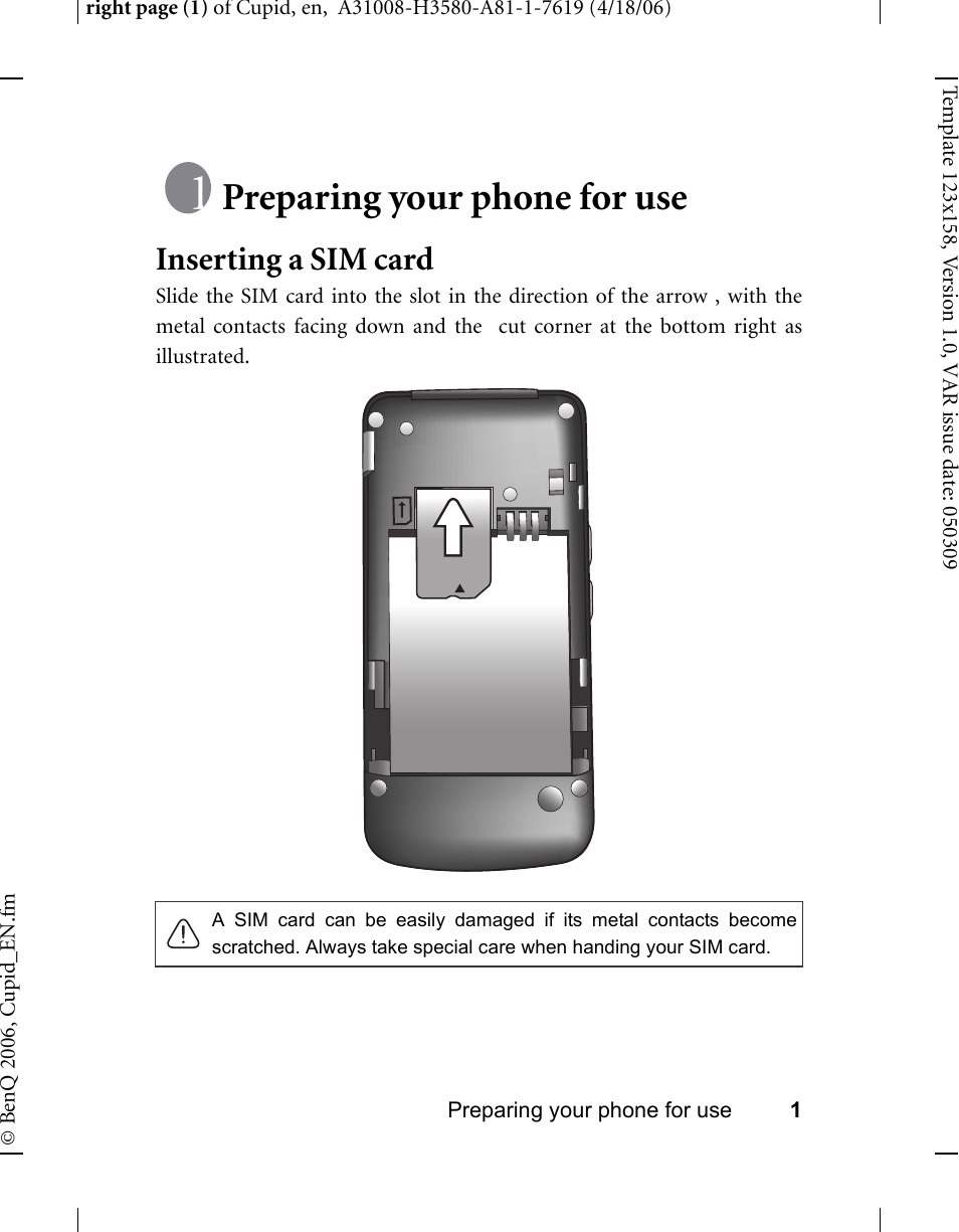 Preparing your phone for use, Inserting a sim card | BenQ-Siemens CL71 User Manual | Page 20 / 114