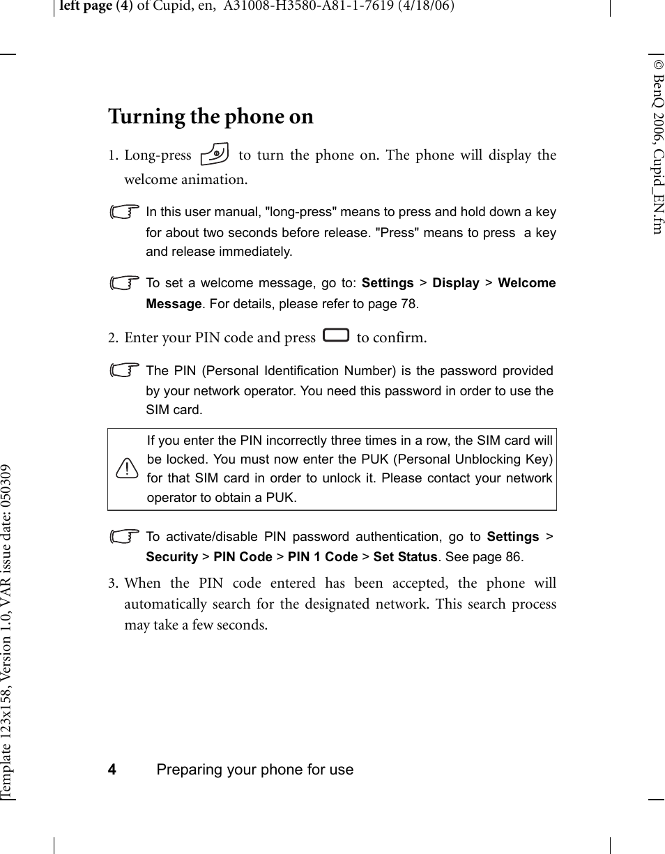 Turning the phone on | BenQ-Siemens CL71 User Manual | Page 23 / 114