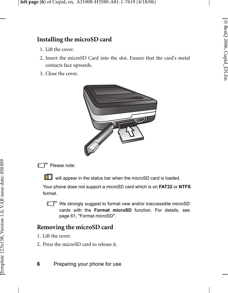 Installing the microsd card, Removing the microsd card | BenQ-Siemens CL71 User Manual | Page 25 / 114
