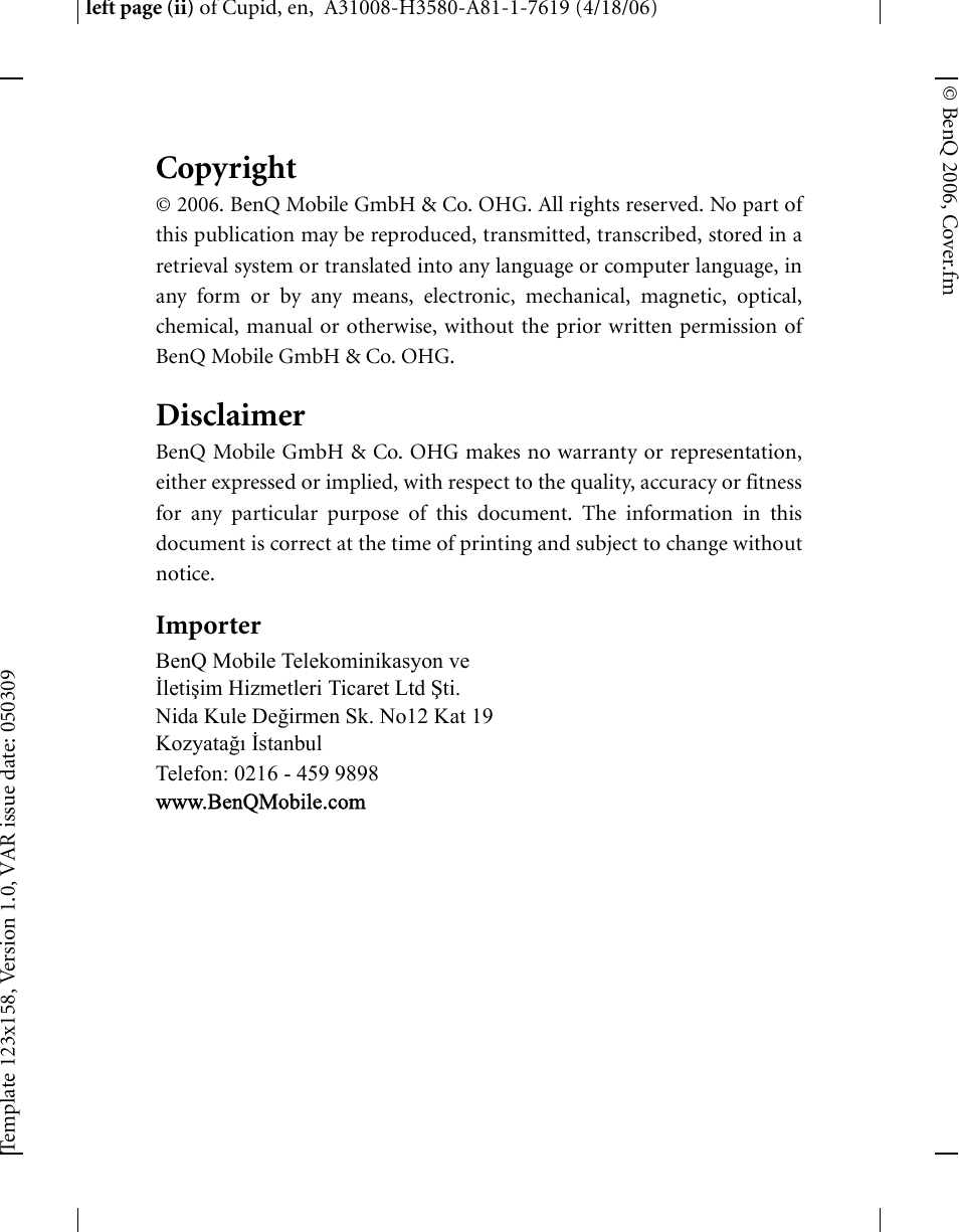 Copyright, Disclaimer, Importer | BenQ-Siemens CL71 User Manual | Page 3 / 114