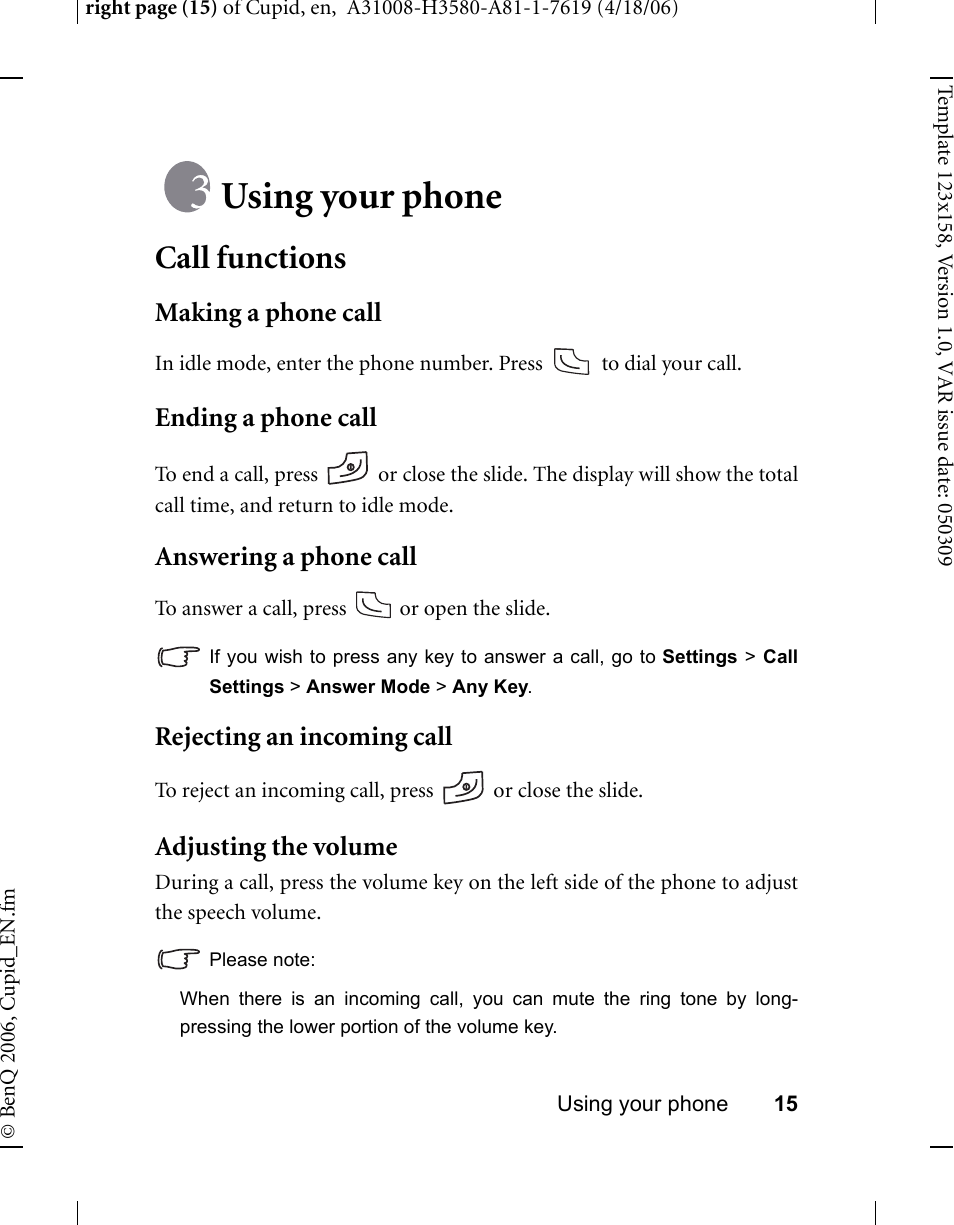 Using your phone, Call functions, Making a phone call | Ending a phone call, Answering a phone call, Rejecting an incoming call, Adjusting the volume | BenQ-Siemens CL71 User Manual | Page 34 / 114