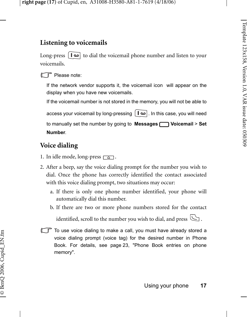 Listening to voicemails, Voice dialing, Listening to voicemails voice dialing | BenQ-Siemens CL71 User Manual | Page 36 / 114