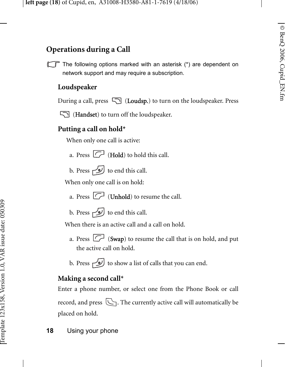 Operations during a call | BenQ-Siemens CL71 User Manual | Page 37 / 114