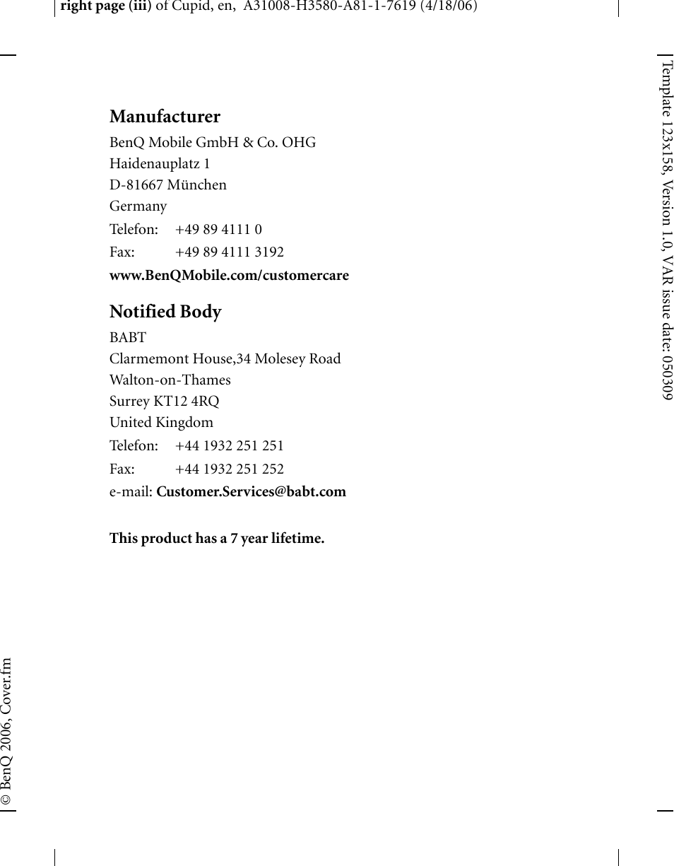 Manufacturer, Notified body | BenQ-Siemens CL71 User Manual | Page 4 / 114