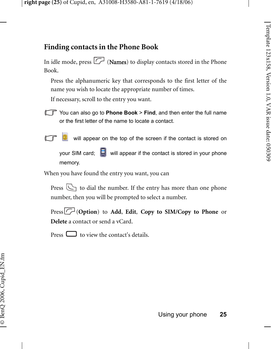 Finding contacts in the phone book | BenQ-Siemens CL71 User Manual | Page 44 / 114