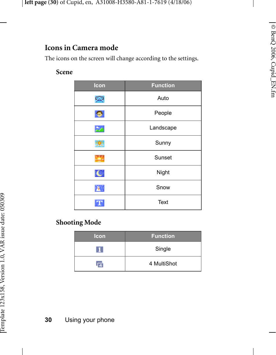 Icons in camera mode, Scene, Shooting mode | BenQ-Siemens CL71 User Manual | Page 49 / 114