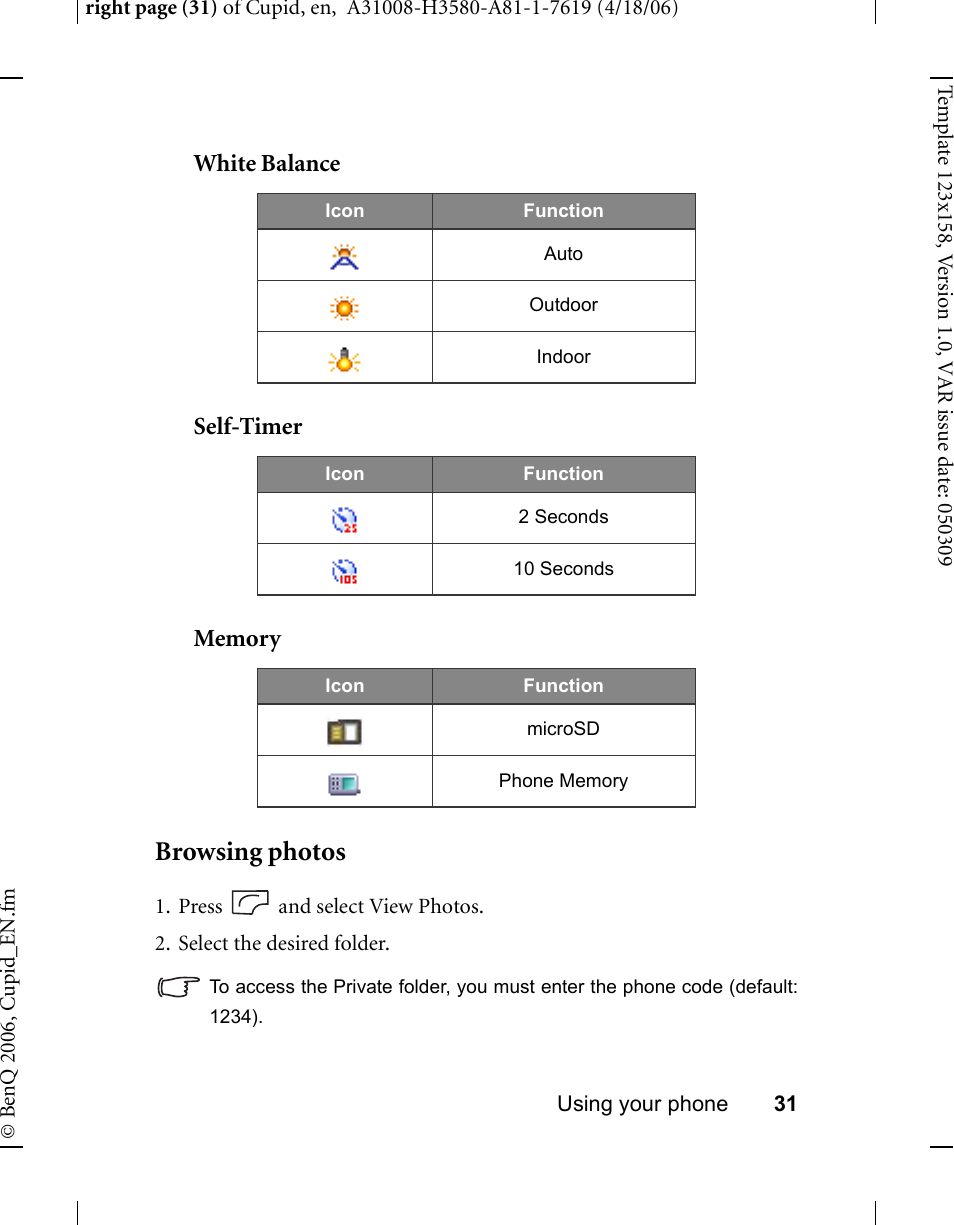 White balance, Self-timer, Memory | Browsing photos | BenQ-Siemens CL71 User Manual | Page 50 / 114
