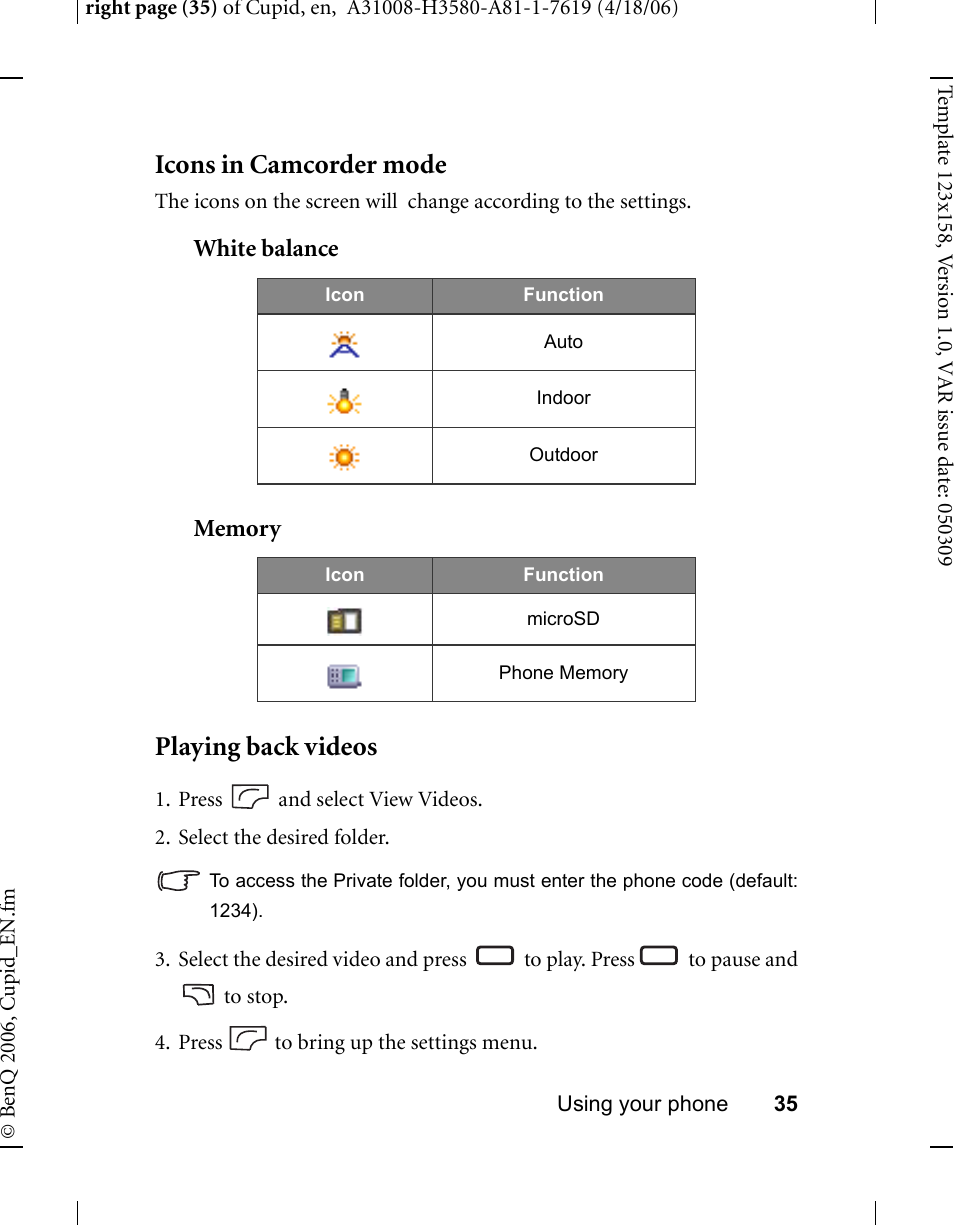 Icons in camcorder mode, White balance, Memory | Playing back videos, Icons in camcorder mode playing back videos | BenQ-Siemens CL71 User Manual | Page 54 / 114
