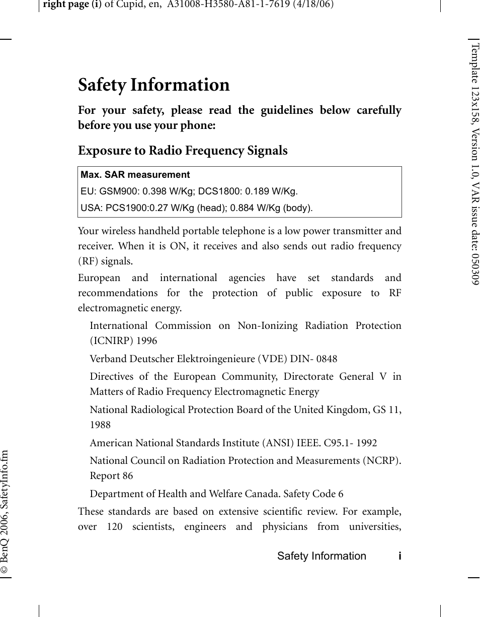 Safety information, Exposure to radio frequency signals | BenQ-Siemens CL71 User Manual | Page 6 / 114
