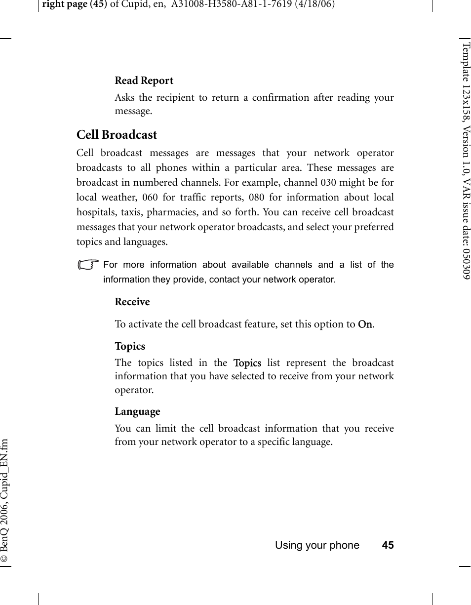 Cell broadcast | BenQ-Siemens CL71 User Manual | Page 64 / 114