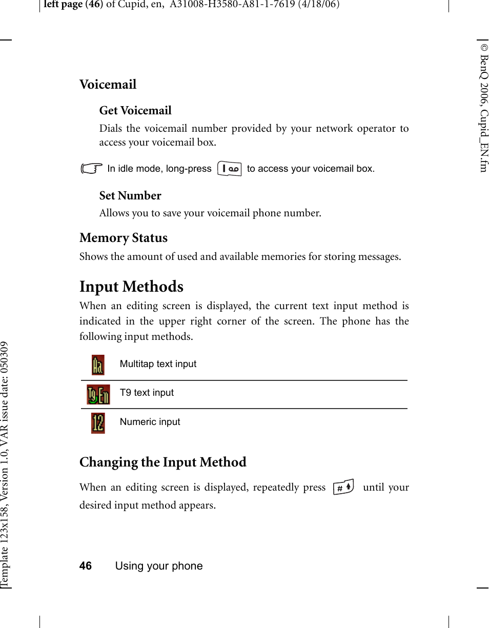 Voicemail, Memory status, Input methods | Voicemail memory status, Changing the input method | BenQ-Siemens CL71 User Manual | Page 65 / 114