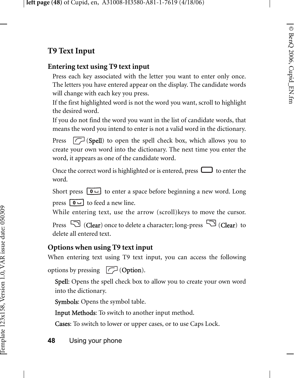 T9 text input | BenQ-Siemens CL71 User Manual | Page 67 / 114