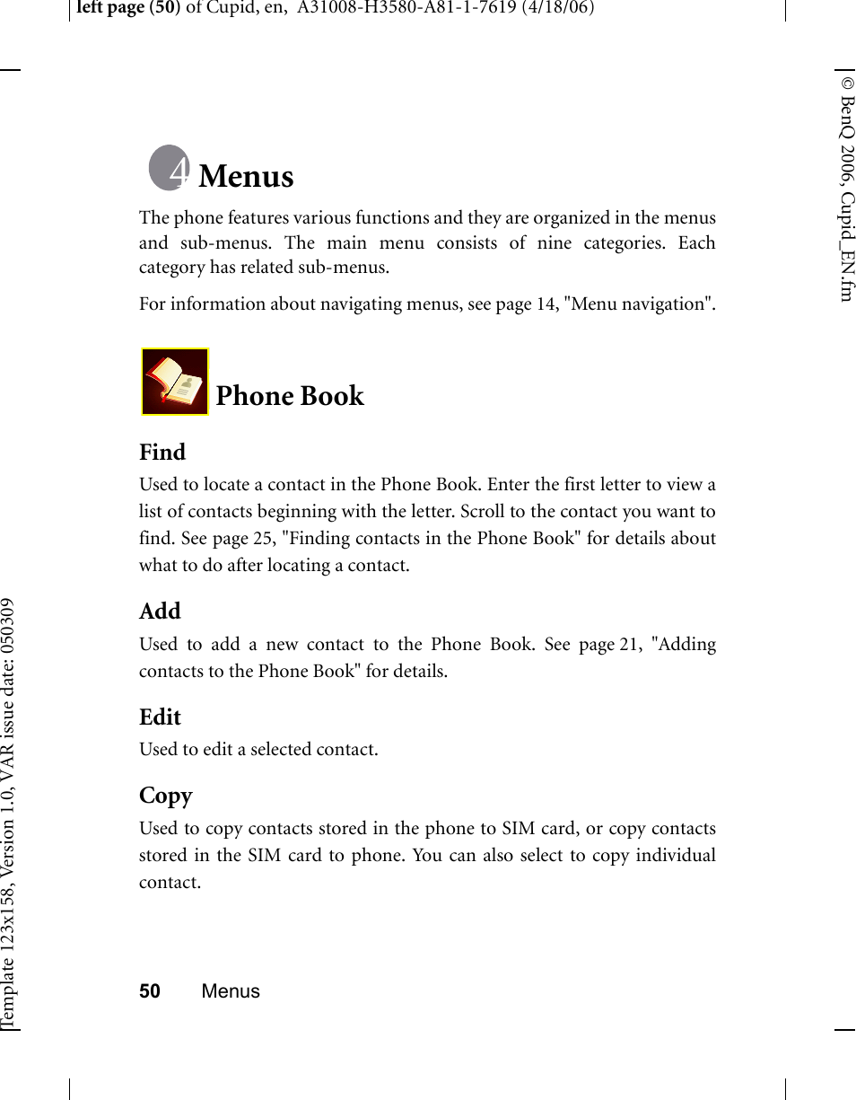 Menus, Phone book, Find | Edit, Copy, Find add edit copy | BenQ-Siemens CL71 User Manual | Page 69 / 114