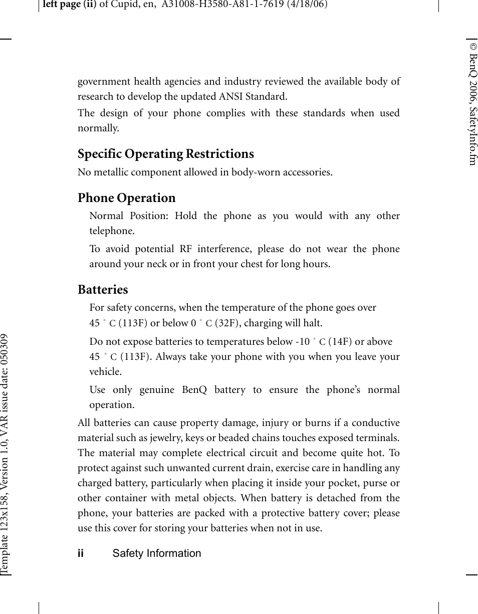 Specific operating restrictions, Phone operation, Batteries | BenQ-Siemens CL71 User Manual | Page 7 / 114