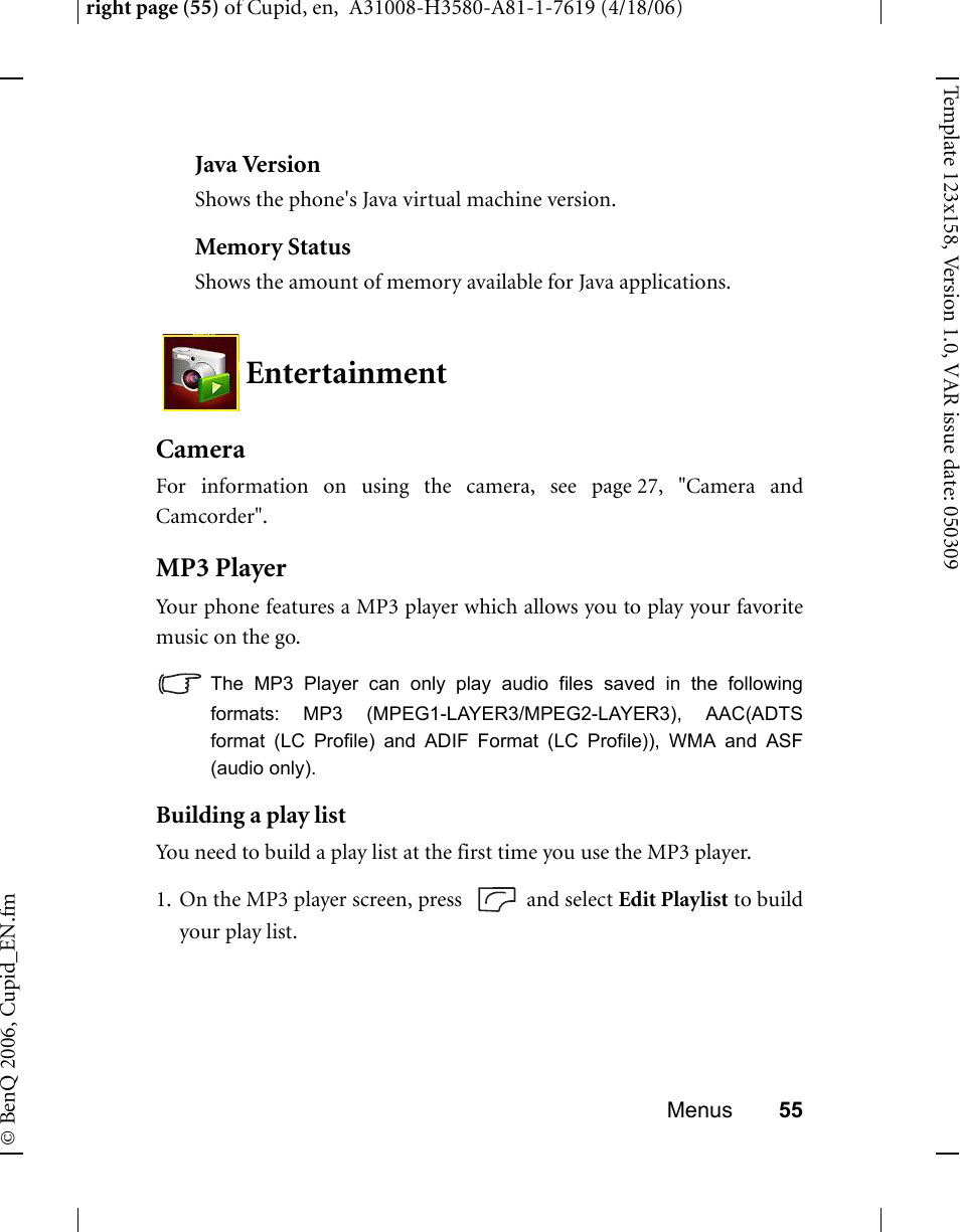 Entertainment, Camera, Mp3 player | Camera mp3 player | BenQ-Siemens CL71 User Manual | Page 74 / 114